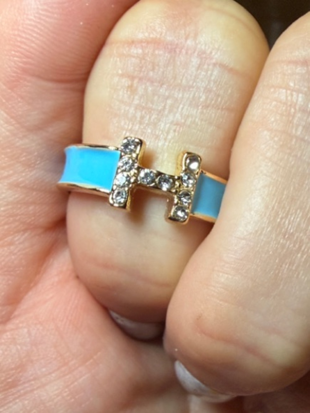 Gold-Tone Turquoise Enamel H Ring Statement Ring